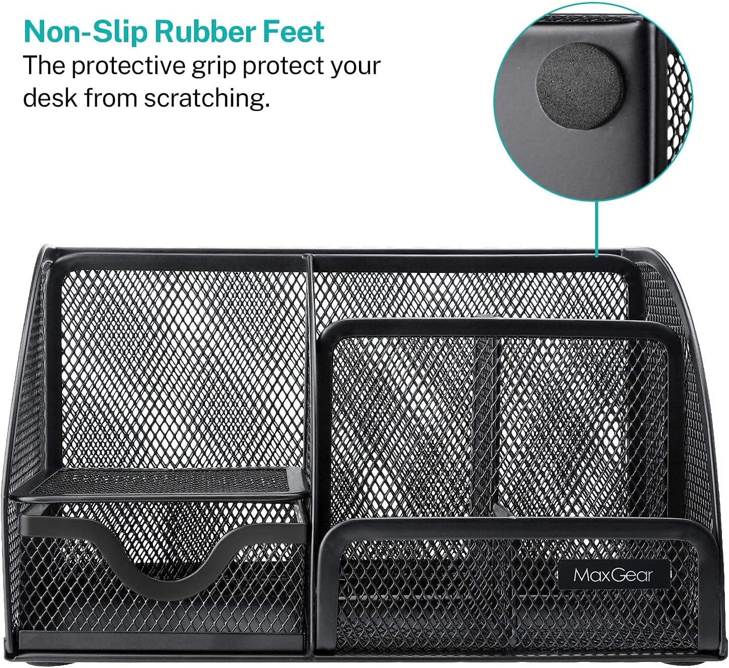 MaxGear Mesh Desk Organizer Office Desktop Organizer with Drawer, Metal Stationary Organizer Black Desk Caddy, 6 Compartments, 8.7 x 5.5 x 5 inch, 1 Pack - Image 6